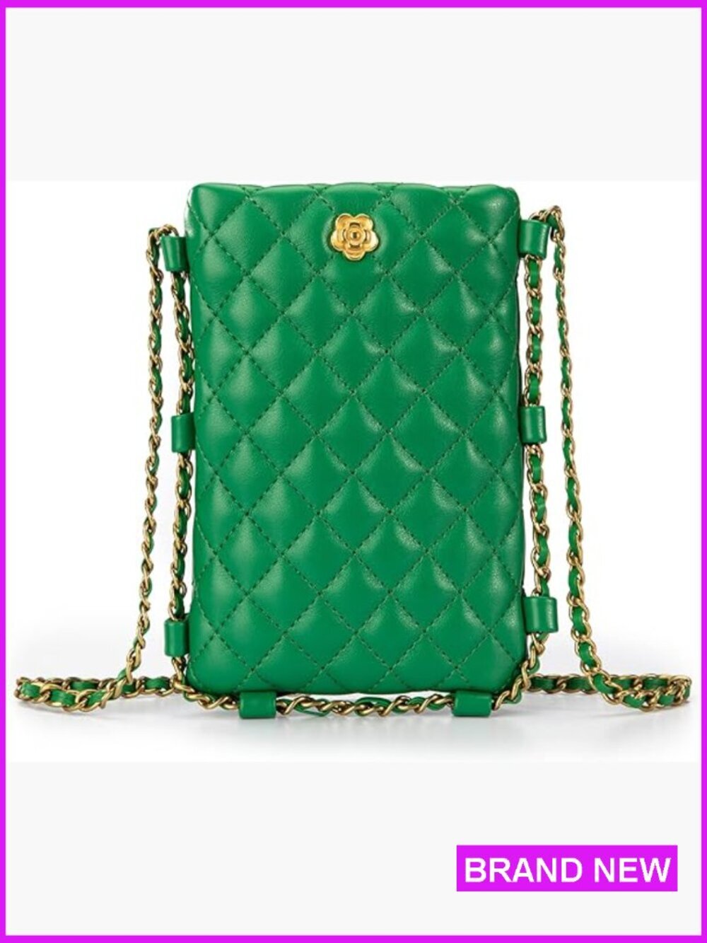 Small Quilted Crossbody Cell Phone Purse Trendy Gold Chain Vegan Leather